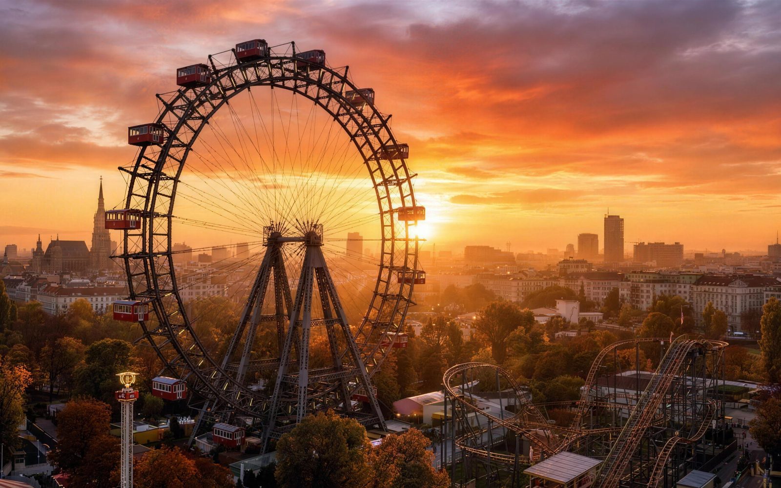 Das Wiener Riesenrad im Gegenlicht bei Sonnenuntergang